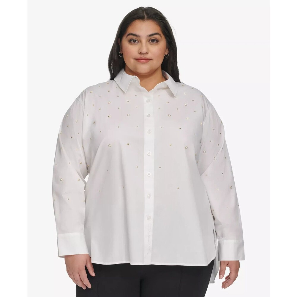 KARL LAGERFELD PARIS Plus Size Imitation Pearl Blouse Button Down Shirt White 1X